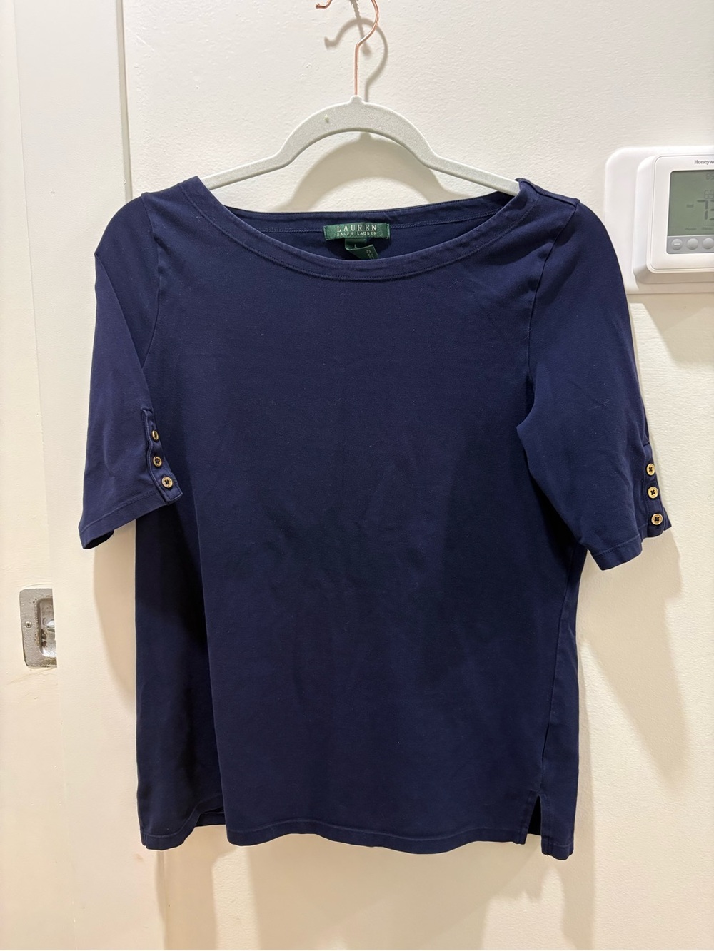 RALPH LAUREN | Navy Short Sleeve Button-Sleeve Top